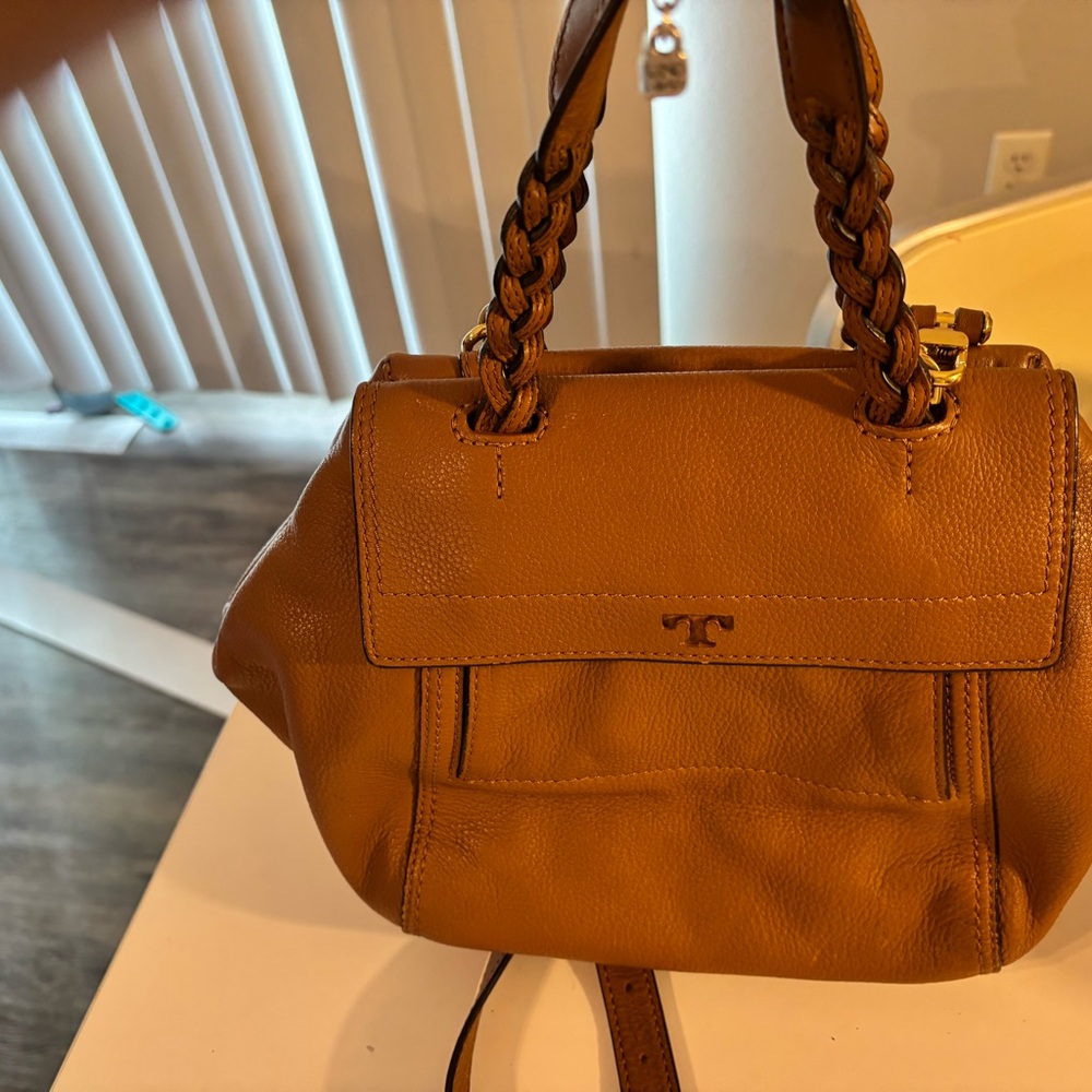 Tory Burch Caramel Leather Shoulder Bag with Braided Handles